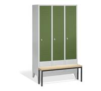 C + P Möbelsysteme C+P Vestiaire Classic avec banc, 3 compartiments, H1850×I1200×P500/815mm, façade vert réséda, corps gris clair Quantité:1