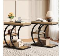 C-Shaped Side Table, 3-Tier Narrow Wood Bedside Sofa Table with
