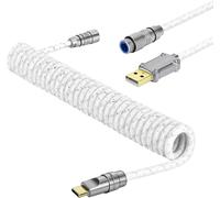 C05 Câble USB C Aviator Enroulé Personnalisé pour Clavier de Jeu, Nylon Tressé, USB-A vers USB-C, Câble de Clavier Mécanique Spiralé avec Connecteur d'Aviation en Métal CNC, 4.92ft Blanc
