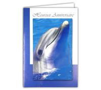 C1050/1 Carte Heureux Anniversaire avec Enveloppe Beige - Dauphin souriant qui sort sa tête de l'eau bleue turquoise Mer Océan - Carte qui s'ouvre sur un intérieur blanc pour écrire votre message