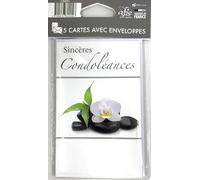 C5231 Lot 5 Cartes Sincères Condoléances + 5 Enveloppes Blanches Format 9x14cm Fleur d'Orchidée Blanche élégante sobre Galets Zen Repos -Pour Obsèques Funérailles Enterrement Deuil -Fabriqué en France