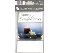 C5232 Lot 5 Cartes Sincères Condoléances + 5 Enveloppes Blanches Format 9x14cm Bougie Fleur Galets Zen Repos Design sobre élégant mixte -Pour Obsèques Funérailles Enterrement Deuil -Fabriqué en France