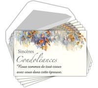 C5268 Sincères Condoléances Lot 5 Cartes identiques + 5 Enveloppes Blanches Format 9x14cm - Texte Epreuve Décès Obsèques Funérailles Deuil Feuilles - Fabriquées en France
