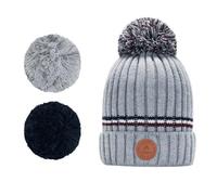 CABAIA - Bonnet Femme et Homme en Coton Bio avec 3 Pompons Interchangeables - Design Français - Systéme aimantée pour Un Ajustement Adapté - Collection Hiver - Modele Manatthan Gris