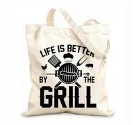 Cabane à bandoulière en sangle Pour les amateurs de barbecue : affiche typographique rétro et vintage humoristique « La vie est meilleure près du barbecue ». tissu épais de 12 oz Sac à dessin 25x30cm