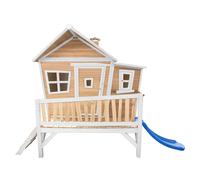 Cabane asymétrique en bois sur pilotis avec toboggan bleu TU