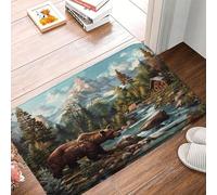 Cabane Bear Woods, Animaux Sauvages, Rustique, Ours, Forêt, Montagne, Rivière, Paysage Naturel Welcome Paillassons Durable Tapis De Douche Lavable en Machine Tapis De Bain pour Salon 40X60Cm
