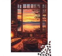 Cabane Cosy Interior 1000 PC Carton DIY Style Vue Coucher Soleil Chaud Puzzle, Jeu Famille Amusant, Couleurs Vives, Soulagement Stress & Décor Mural Maison 70x50cm/1000pcs