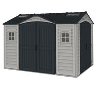 Duramax Apex Pro Plus 10.5 x 8 (8,02 m²) Abri de Jardin en Plastique avec 2 Portes Doubles, Kit de Fondation, 2 Fenêtres Fixes et 2 Lucarnes, Abri de Stockage avec Structure de Toit Solide en Métal