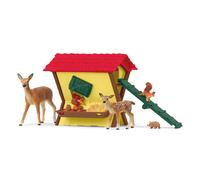 Cabane des animaux de la forêt, Coffre schleich avec cabane, 1 Biche, 1 faon, 1 écureuil, 1 hérisson, pour enfants dès 3 ans - schle