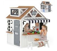Cabane enfant extérieur - AIYAPLAY - chatière, ustensiles de cuisine, banc et sonnette - bois de sapin - 136x117x153,5cm - blanc