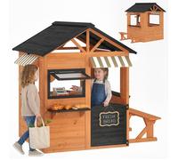 AIYAPLAY Cabane Enfant extérieur en Bois, Maison Enfant extérieur/intérieur avec Cuisine de Jeu, comptoir de Service, fenêtres, Porte et Banc, maisonnette de Jeu pour 3-8 Ans, 171,5x146x156cm, Marron