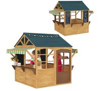 Maisonnette Cabane Enfant - Porte, Fenêtres, Comptoirs, Stores Bannes, Tableaux Noirs - Dim. 173x117x144cm - Bois