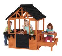 AIYAPLAY Cabane Enfant extérieur en Bois, Maison Enfant extérieur/intérieur, Table, bancs, évier, Porte, fenêtre et Supports de Fleurs, maisonnette de Jeu pour 3-8 Ans, 166,3x112,5x139,7cm, Marron