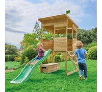 TP Toys Maisonnette des Cimes avec Glissière - Bois FSC Certifié - Maison à 2 Niveaux avec Tour d’Observation, Coffre à Jouets et Toboggan - Kit d’Ancrage - 3 Ans+