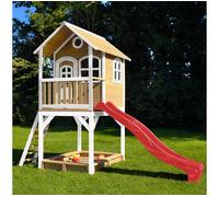 Maisonnette SARAH Brun Blanc avec toboggan Rouge et bac à sable