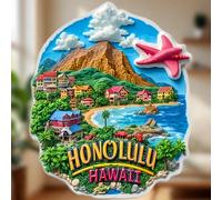 Cabanes de plage Diamond Head d'Honolulu et étoiles de mer roses sur le bleu du Pacifique, aimant où la brise de l'île transporte l'esprit Aloha, souvenir pour toutes les surfaces métalliques de la ma