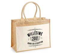 Cabas jute avec poche 2001 Millésime grand cru I Sac de shopping avec grande pochette avant Fête des Mères Idée Cadeau