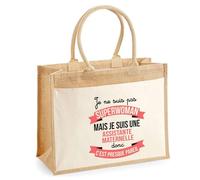 Cabas jute avec poche Assistante Maternelle Superwomen I Sac de shopping avec grande pochette avant Fête des Mères Idée Cadeau