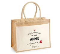 Cabas Jute avec poche Bazar d'une Annie d'amour | Sac de shopping Femme Anniversaire Noël Fête des Mères Cadeau Mamie Sac de courses en jute avec poche en coton