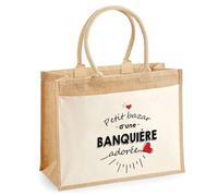 Cabas Jute avec poche Bazar d'une Banquière adorée | Sac de shopping Femme Anniversaire Noël Fête des Mères Cadeau Mamie Sac de courses en jute avec poche en coton