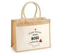 Cabas Jute avec poche Bazar d'une Boss adorée | Sac de shopping Femme Anniversaire Noël Fête des Mères Cadeau Mamie Sac de courses en jute avec poche en coton
