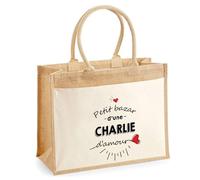 Cabas Jute avec poche Bazar d'une Charlie d'amour | Sac de shopping Femme Anniversaire Noël Fête des Mères Cadeau Mamie Sac de courses en jute avec poche en coton