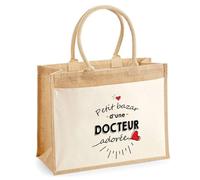 Cabas Jute avec poche Bazar d'une Docteur adorée | Sac de shopping Femme Anniversaire Noël Fête des Mères Cadeau Mamie Sac de courses en jute avec poche en coton