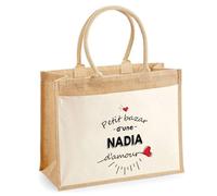 Cabas Jute avec poche Bazar d'une Nadia d'amour | Sac de shopping Femme Anniversaire Noël Fête des Mères Cadeau Mamie Sac de courses en jute avec poche en coton