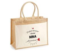 Cabas Jute avec poche Bazar d'une Nina d'amour | Sac de shopping Femme Anniversaire Noël Fête des Mères Cadeau Mamie Sac de courses en jute avec poche en coton