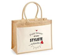 Cabas Jute avec poche Bazar d'une Styliste adorée | Sac de shopping Femme Anniversaire Noël Fête des Mères Cadeau Mamie Sac de courses en jute avec poche en coton