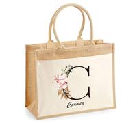 Cabas Jute avec poche Carmen Lettre Fleur | Cadeau Anniversaire Femme Noël Fête des Mères Sac de Shopping avec grande pochette
