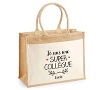 Cabas Jute avec poche Lucie Une Super Collègue | Cadeau Anniversaire Femme Noël Fête des Mères Sac de Shopping avec grande pochette