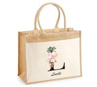 Cabas Jute avec poche Lucile Lettre Fleur | Cadeau Anniversaire Femme Noël Fête des Mères Sac de Shopping avec grande pochette