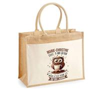 Cabas Jute avec poche Marie-Christine Chouette Grain | Cadeau Anniversaire Femme Noël Fête des Mères Sac de Shopping avec grande pochette