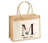 Cabas Jute avec poche Marie-Line Lettre Fleur | Cadeau Anniversaire Femme Noël Fête des Mères Sac de Shopping avec grande pochette