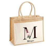 Cabas Jute avec poche Maryse Lettre Fleur | Cadeau Anniversaire Femme Noël Fête des Mères Sac de Shopping avec grande pochette