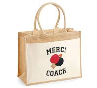 Cabas jute avec poche Merci Coach Ping Pong Cadeau Fin d’Année Remerciement Femme Homme Idéal Retraite | Sac Shopping Pratique pour Courses