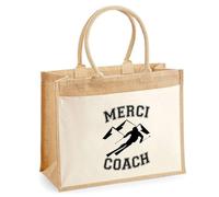 Cabas jute avec poche Merci Coach Ski Cadeau Fin d’Année Remerciement Femme Homme Idéal Retraite | Sac Shopping Pratique pour Courses