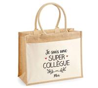 Cabas Jute avec poche Mia Une Super Collègue | Cadeau Anniversaire Femme Noël Fête des Mères Sac de Shopping avec grande pochette