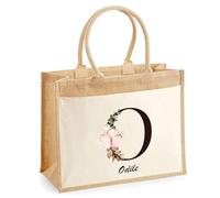 Cabas Jute avec poche Odile Lettre Fleur | Cadeau Anniversaire Femme Noël Fête des Mères Sac de Shopping avec grande pochette