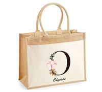 Cabas Jute avec poche Olympe Lettre Fleur | Cadeau Anniversaire Femme Noël Fête des Mères Sac de Shopping avec grande pochette