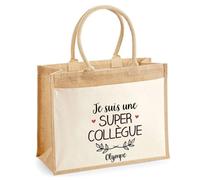 Cabas Jute avec poche Olympe Une Super Collègue | Cadeau Anniversaire Femme Noël Fête des Mères Sac de Shopping avec grande pochette