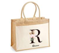 Cabas Jute avec poche Roxane Lettre Fleur | Cadeau Anniversaire Femme Noël Fête des Mères Sac de Shopping avec grande pochette