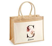 Cabas Jute avec poche Selena Lettre Fleur | Cadeau Anniversaire Femme Noël Fête des Mères Sac de Shopping avec grande pochette