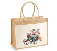 Cabas Jute avec poche Sophie d'amour à la Plage | Cadeau Anniversaire Femme Noël Fête des Mères Sac de Shopping avec grande pochette