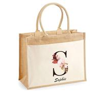 Cabas Jute avec poche Sophie Lettre Fleur | Cadeau Anniversaire Femme Noël Fête des Mères Sac de Shopping avec grande pochette