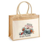 Cabas Jute avec poche Sylvie d'amour à la Plage | Cadeau Anniversaire Femme Noël Fête des Mères Sac de Shopping avec grande pochette