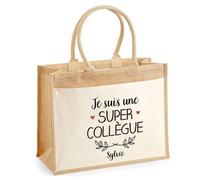 Cabas Jute avec poche Sylvie Une Super Collègue | Cadeau Anniversaire Femme Noël Fête des Mères Sac de Shopping avec grande pochette