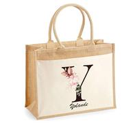 Cabas Jute avec poche Yolande Lettre Fleur | Cadeau Anniversaire Femme Noël Fête des Mères Sac de Shopping avec grande pochette